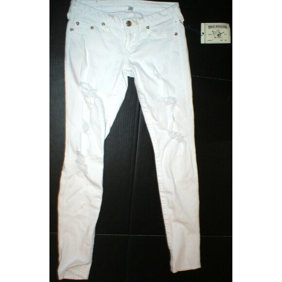 NWT New Womens True Religion Destroyed Jeans Skinny White Mid Designer Patch 28 - Picture 1 of 9
